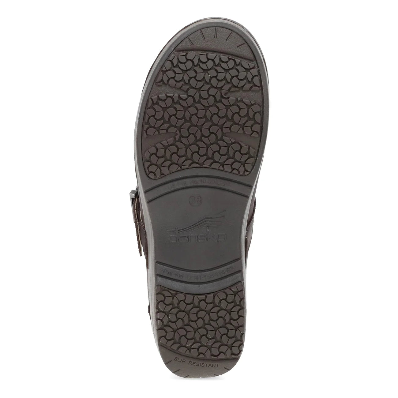 The outsole of a dark brown leather shoe, showing a textured tread pattern and the embossed brand name 'dansko' in the center, isolated on a white background.