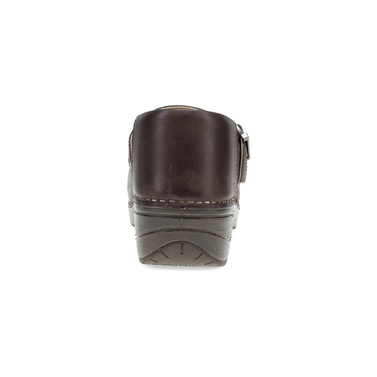 A dark brown leather slip-on shoe with a thick dark sole, shown from a rear three-quarter view against a plain white background.