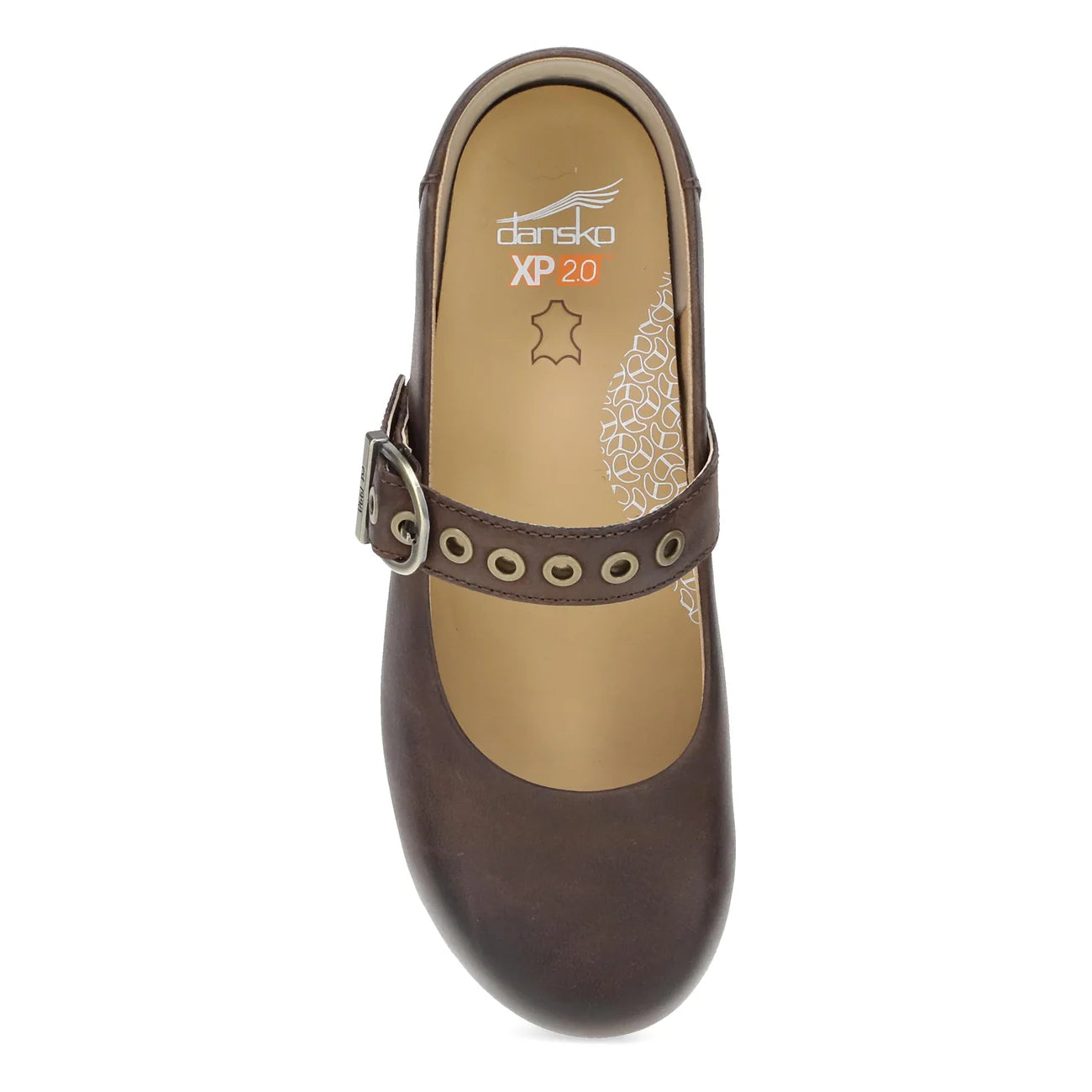 A dark brown leather Mary Jane shoe with a matching strap featuring metal grommets and a silver buckle, shown from a top-down view on a white background. The insole displays the 'domsko XP 2.0' branding.