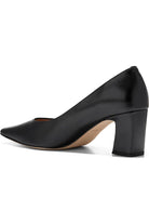 A black leather pump shoe with a pointed toe and a chunky block heel, shown from a side profile on a white background.