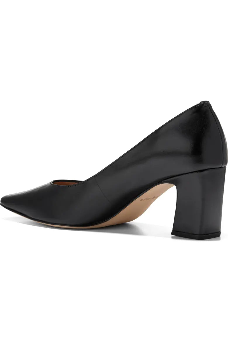 A black leather pump shoe with a pointed toe and a chunky block heel, shown from a side profile on a white background.