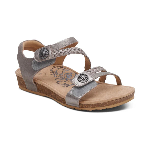 Gray and brown sandal with braided straps on a white background