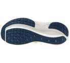 Close-up of a shoe sole with blue and white design on a white background