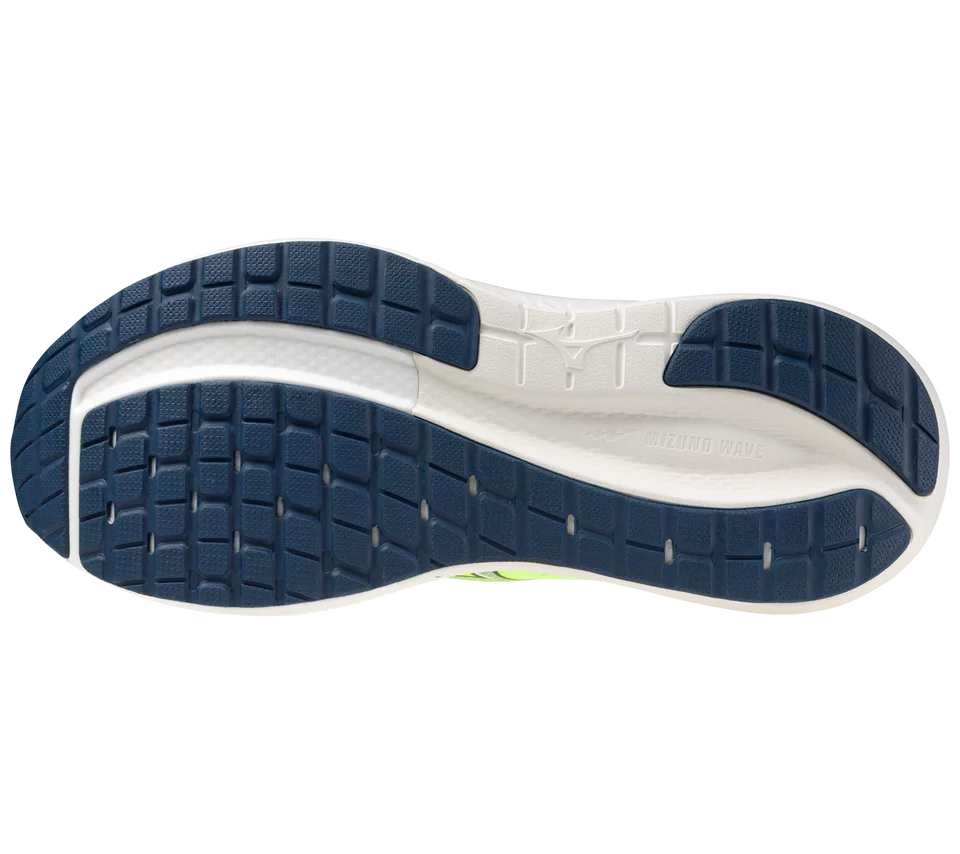 Close-up of a shoe sole with blue and white design on a white background