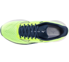 Neon green and navy running shoe on a white background