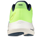Back view of a neon green and white athletic shoe with blue accents on a white background