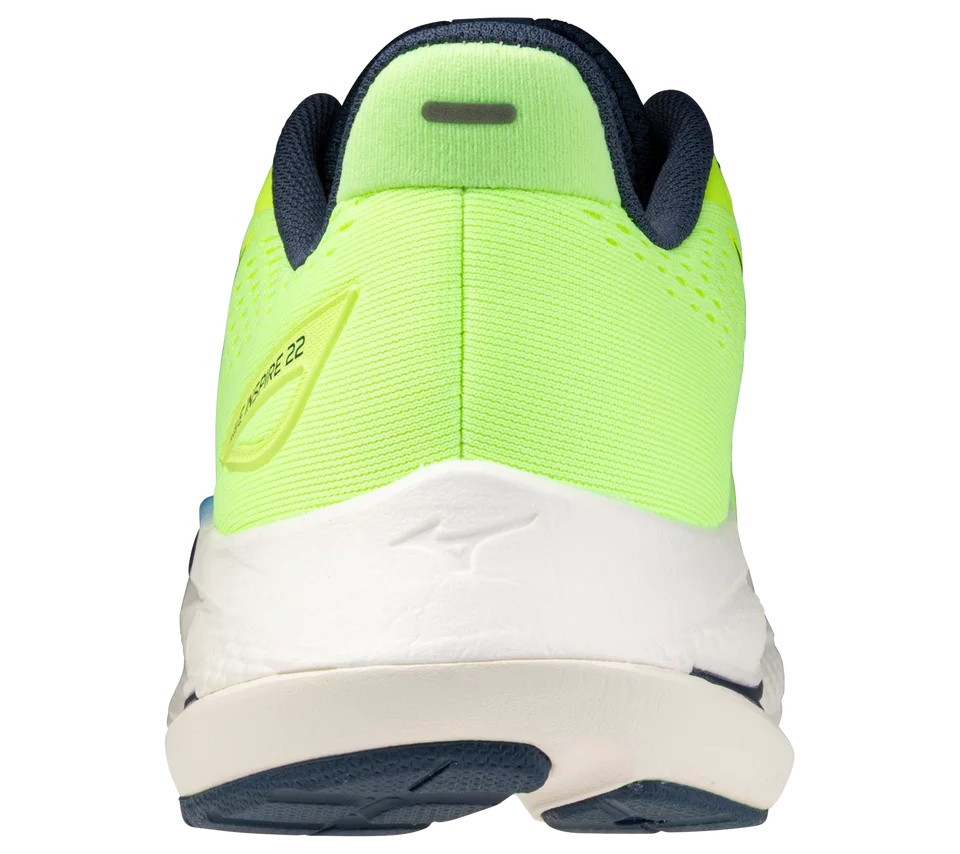 Back view of a neon green and white athletic shoe with blue accents on a white background