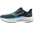 Gray and blue running shoe with white sole on a white background