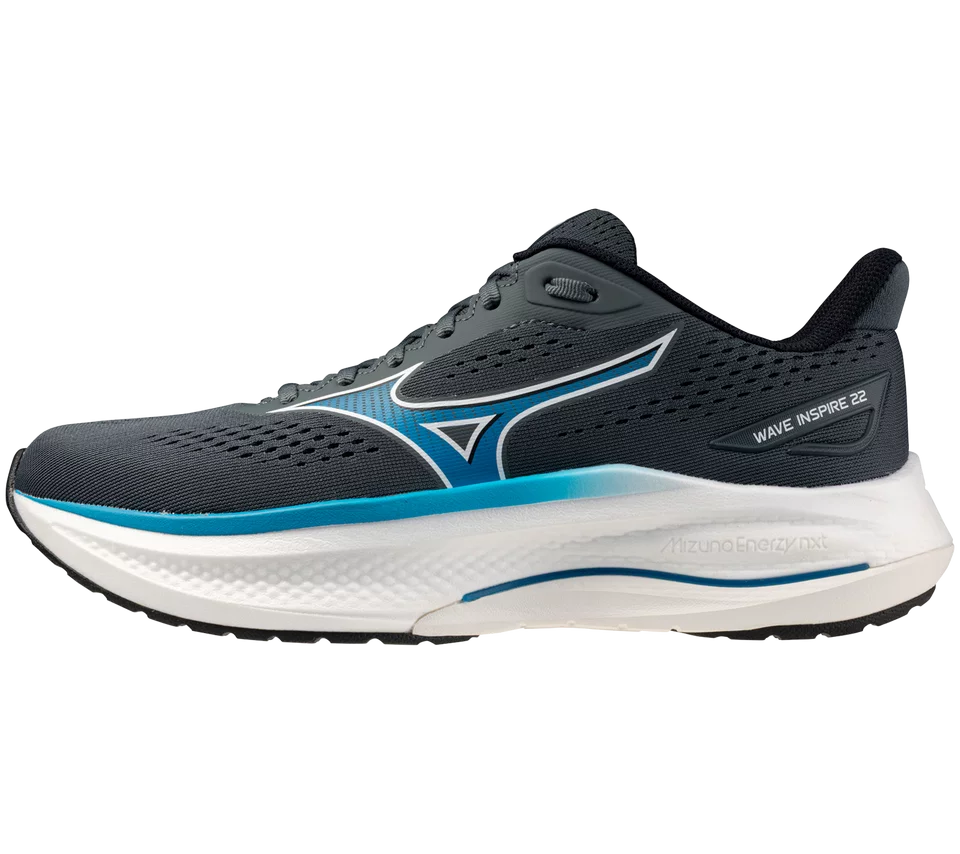 Gray and blue running shoe with white sole on a white background