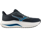 Navy and white running shoe with blue accents on a white background