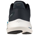 Back view of a dark gray and white athletic shoe on a white background