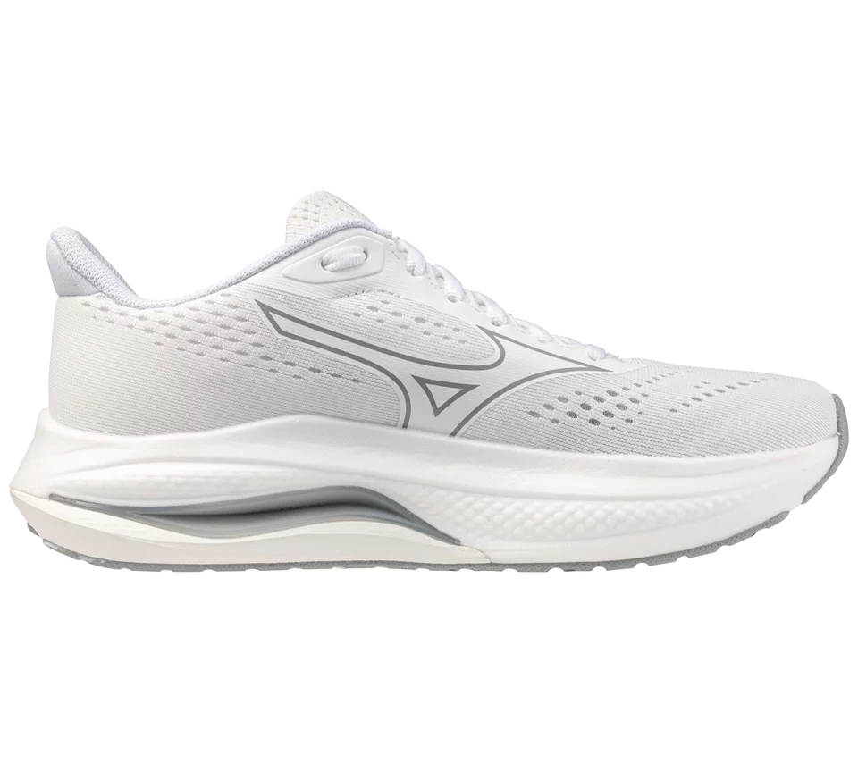 White running shoe with brand logo on a white background