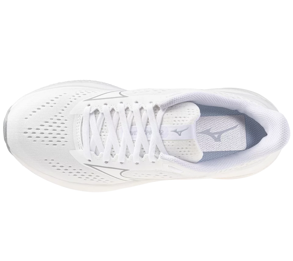 White running shoe with brand logo on a white background