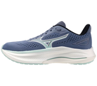 Blue running shoe with white sole on a white background