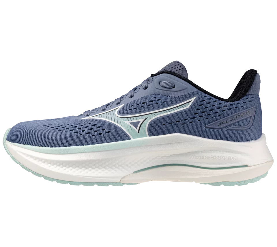 Blue running shoe with white sole on a white background