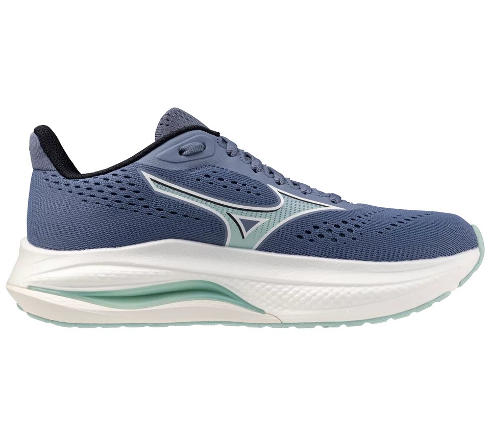 Blue and white running shoe on a white background