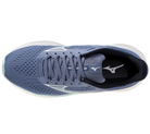 Blue running shoe with white laces on a white background
