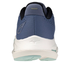 Blue and white athletic shoe with a visible brand logo on a white background