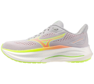 Gray running shoe with colorful sole on a white background