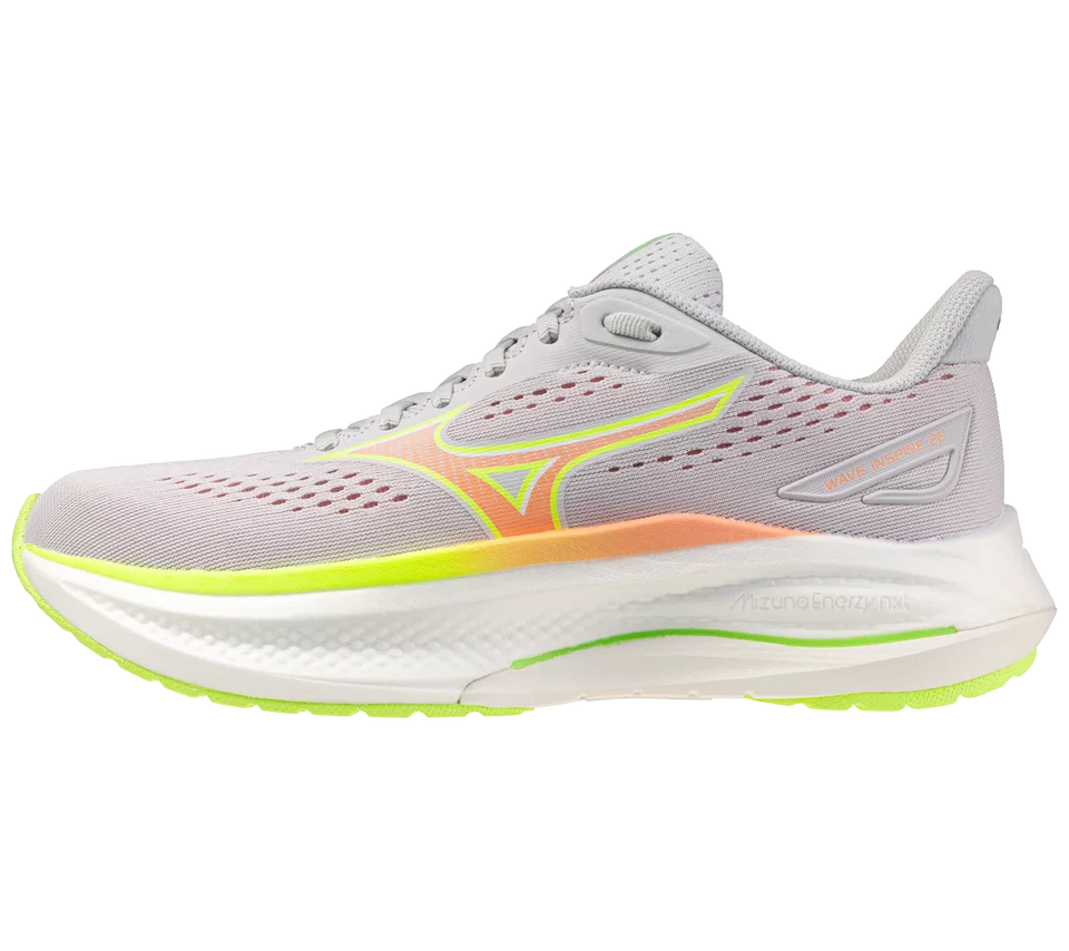 Gray running shoe with colorful sole on a white background