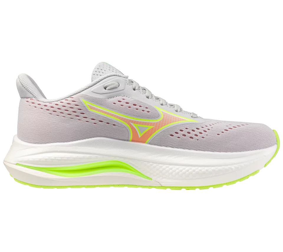Gray running shoe with green accents on a white background