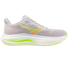 Gray running shoe with green accents on a white background