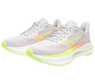 Pair of running shoes with a white and gray design on a white background