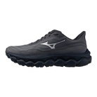 Black running shoe with brand logo on a white background