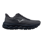 Black running shoe with brand logo on a white background