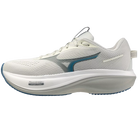 White running shoe with blue accents on a white background