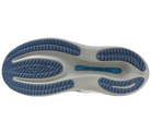 Sole of a shoe with blue and gray design on a white background