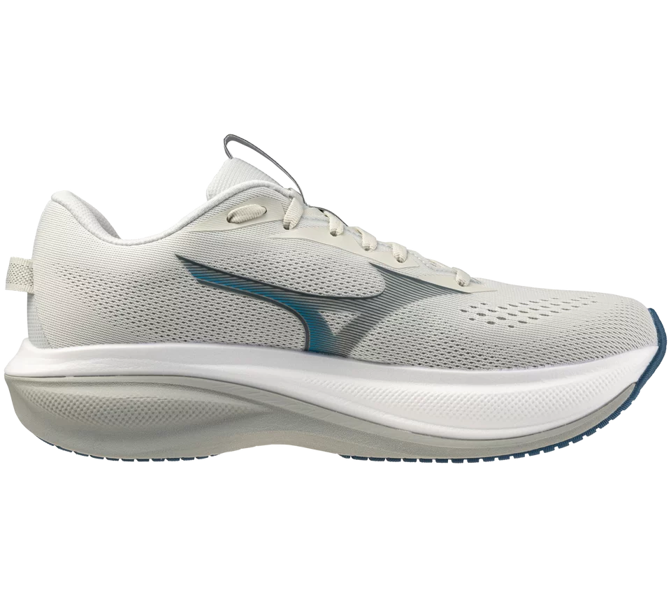 White running shoe with a blue accent on a white background
