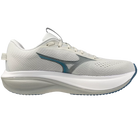 White running shoe with a blue accent on a white background