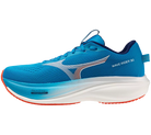 Blue running shoe with white sole on a white background