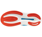 Close-up of a shoe sole with red and white design on a white background