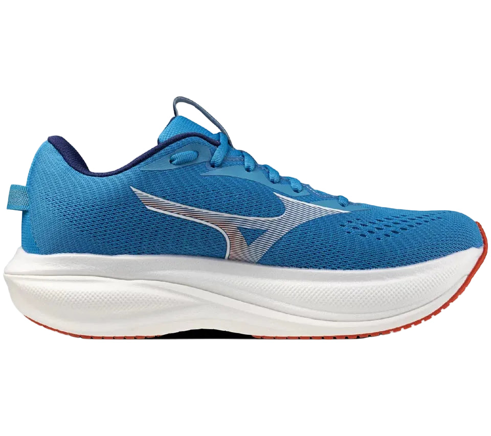 Blue running shoe with white sole on a white background