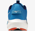 Blue running shoe with white sole and orange accents on a white background