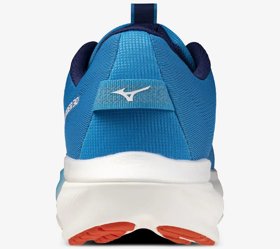 Blue running shoe with white sole and orange accents on a white background