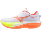 White running shoe with orange and green sole on a white background