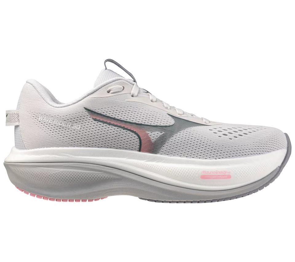 White running shoe with pink accents on a white background