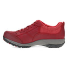 A red low-top walking shoe with a textured synthetic upper, matching red laces, a gray midsole, and a black outsole, shown from a side profile on a white background.