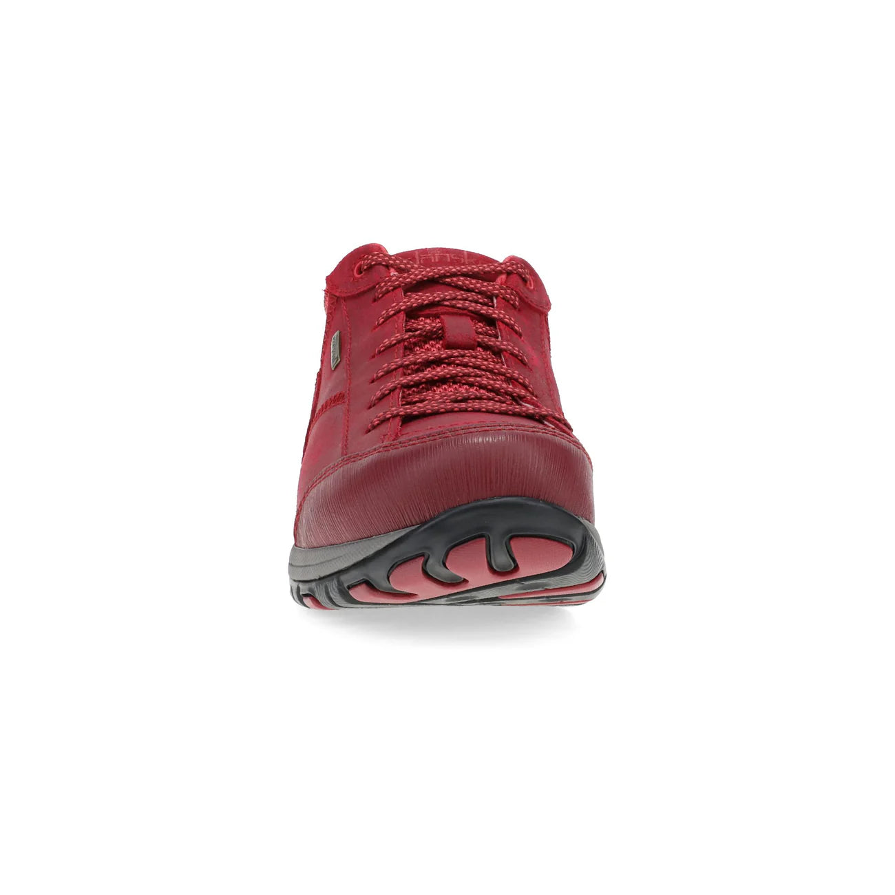 A red lace-up shoe shown from a rear three-quarter view against a plain white background.