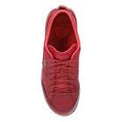 A red lace-up shoe shown from a top-down view on a plain white background.