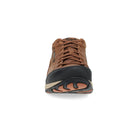 A brown leather lace-up hiking shoe shown from a rear three-quarter view, featuring a black and tan sole, set against a plain white background.