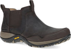 A dark brown Chelsea-style ankle boot with elastic side panels and a Vibram sole, shown from a three-quarters angle on a white background.