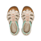 Pair of sandals with tan soles and multicolored straps on a white background