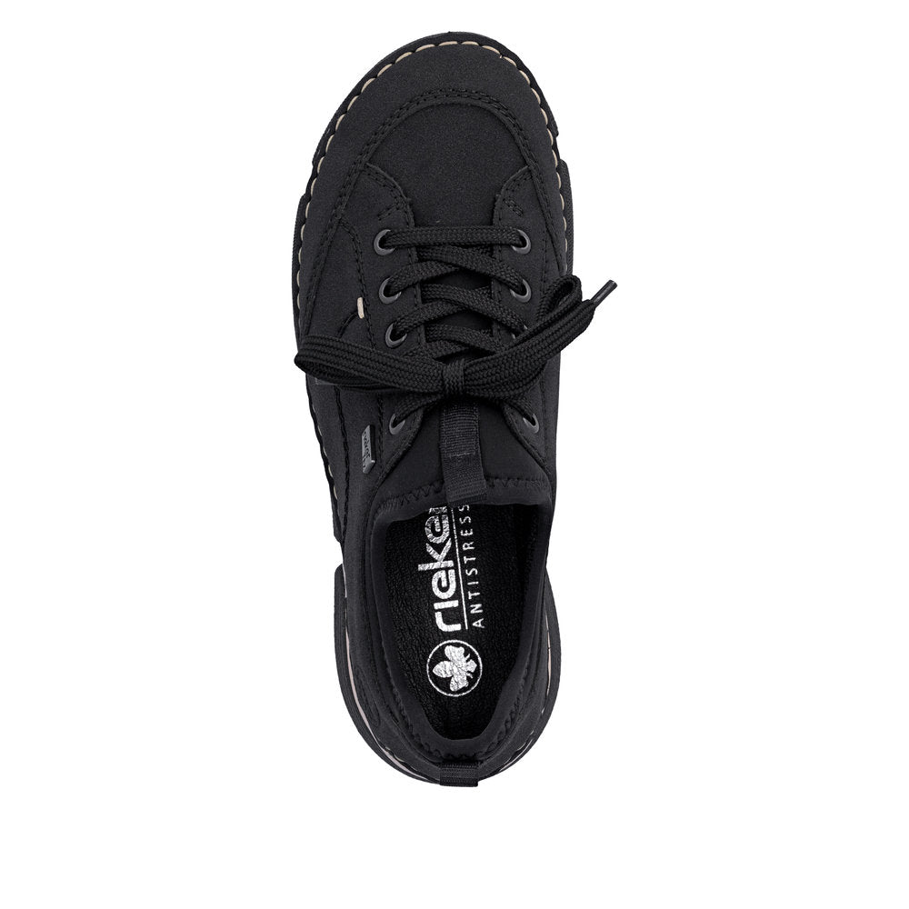 Black sneaker with brand logo on a white background