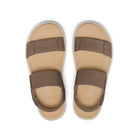 Pair of tan sandals with brown straps on a white background