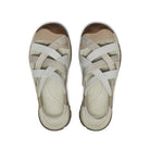 Pair of beige sandals with white straps on a white background