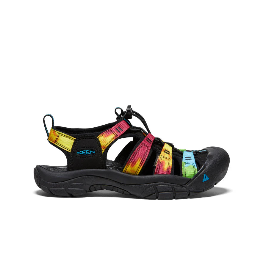 Black sandal with colorful straps on a white background